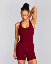 SoftMotion™ Racer Back Tank Top with Built in Bra Shelf with Gray Logo | Ruby Red