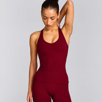 SoftMotion™ Racer Back Tank Top with Built in Bra Shelf with Gray Logo | Ruby Red