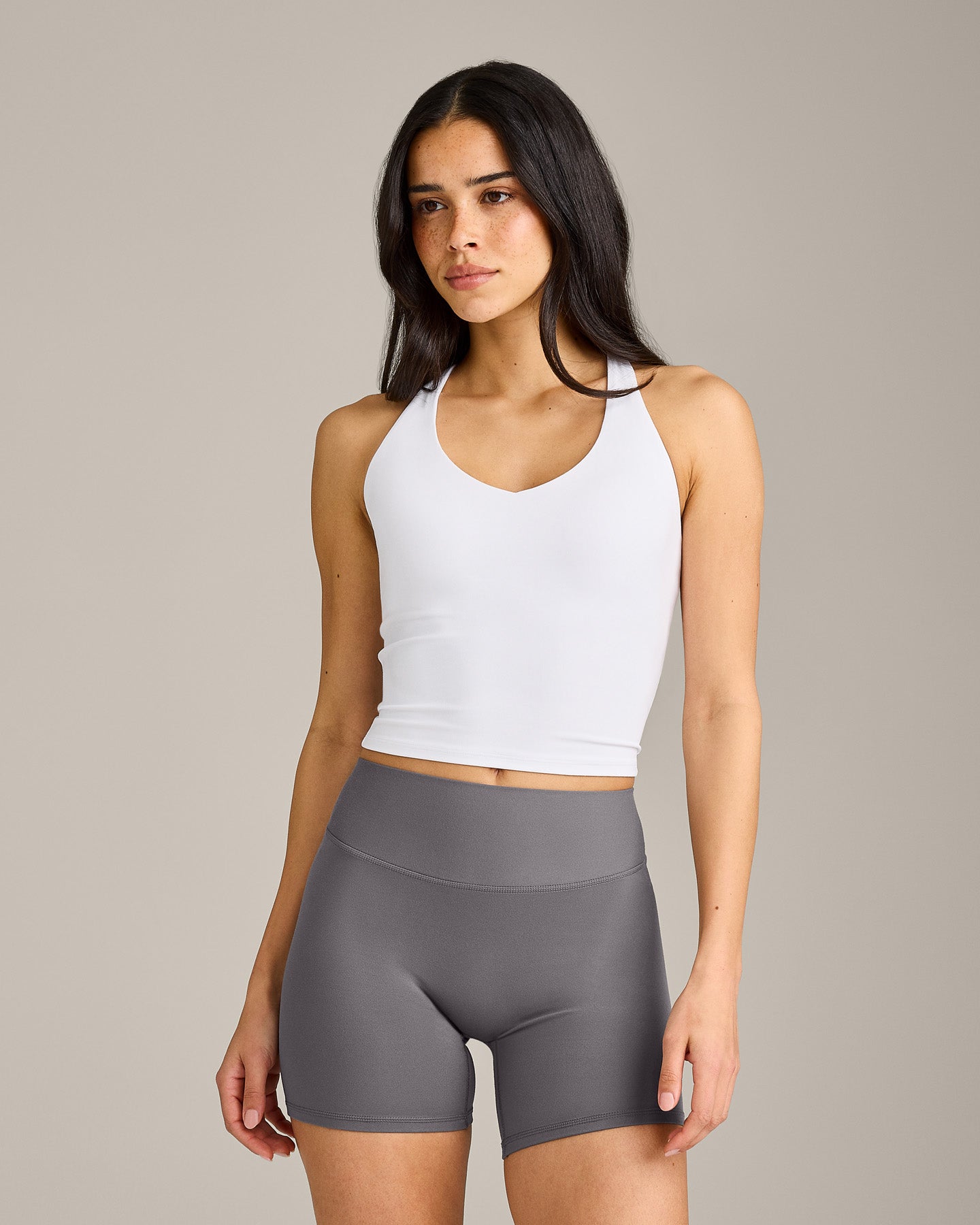 SoftMotion™ Racer Back Mid Tank Top With Built in Bra Shelf | White