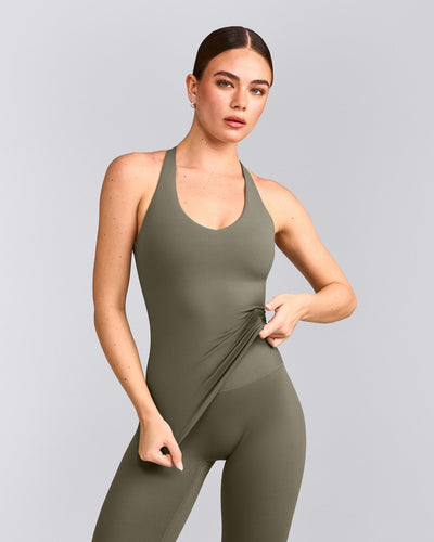 SoftMotion™ Racer Back Tank Top with Built in Bra Shelf with Gray Logo | Alpine Green