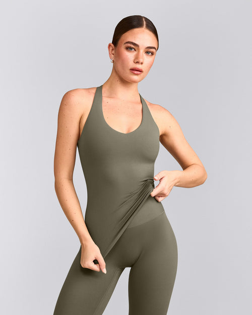 SoftMotion™ Racer Back Tank Top with Built in Bra Shelf with Gray Logo | Alpine Green