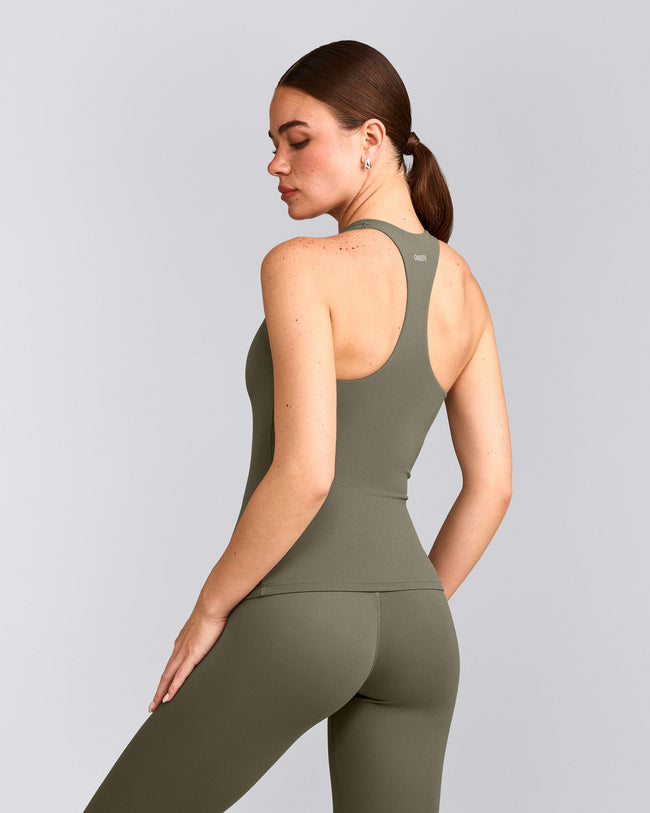 SoftMotion™ Racer Back Tank Top with Built in Bra Shelf with Gray Logo | Alpine Green