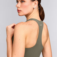 SoftMotion™ Racer Back Tank Top with Built in Bra Shelf with Gray Logo | Alpine Green
