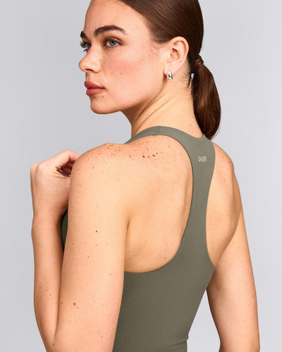 SoftMotion™ Racer Back Tank Top with Built in Bra Shelf with Gray Logo | Alpine Green