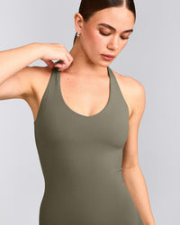 SoftMotion™ Racer Back Tank Top with Built in Bra Shelf with Gray Logo | Alpine Green