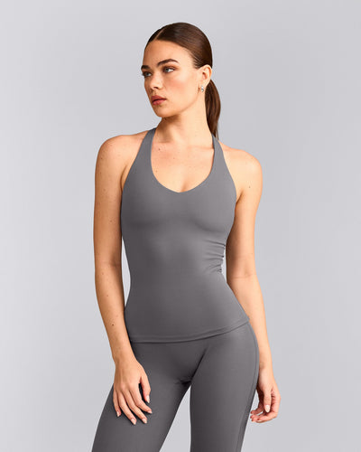 SoftMotion™ Racer Back Tank Top with Built in Bra Shelf with Gray Logo | Ash Gray