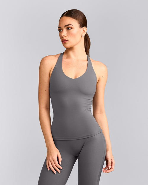 SoftMotion™ Racer Back Tank Top with Built in Bra Shelf with Gray Logo | Ash Gray