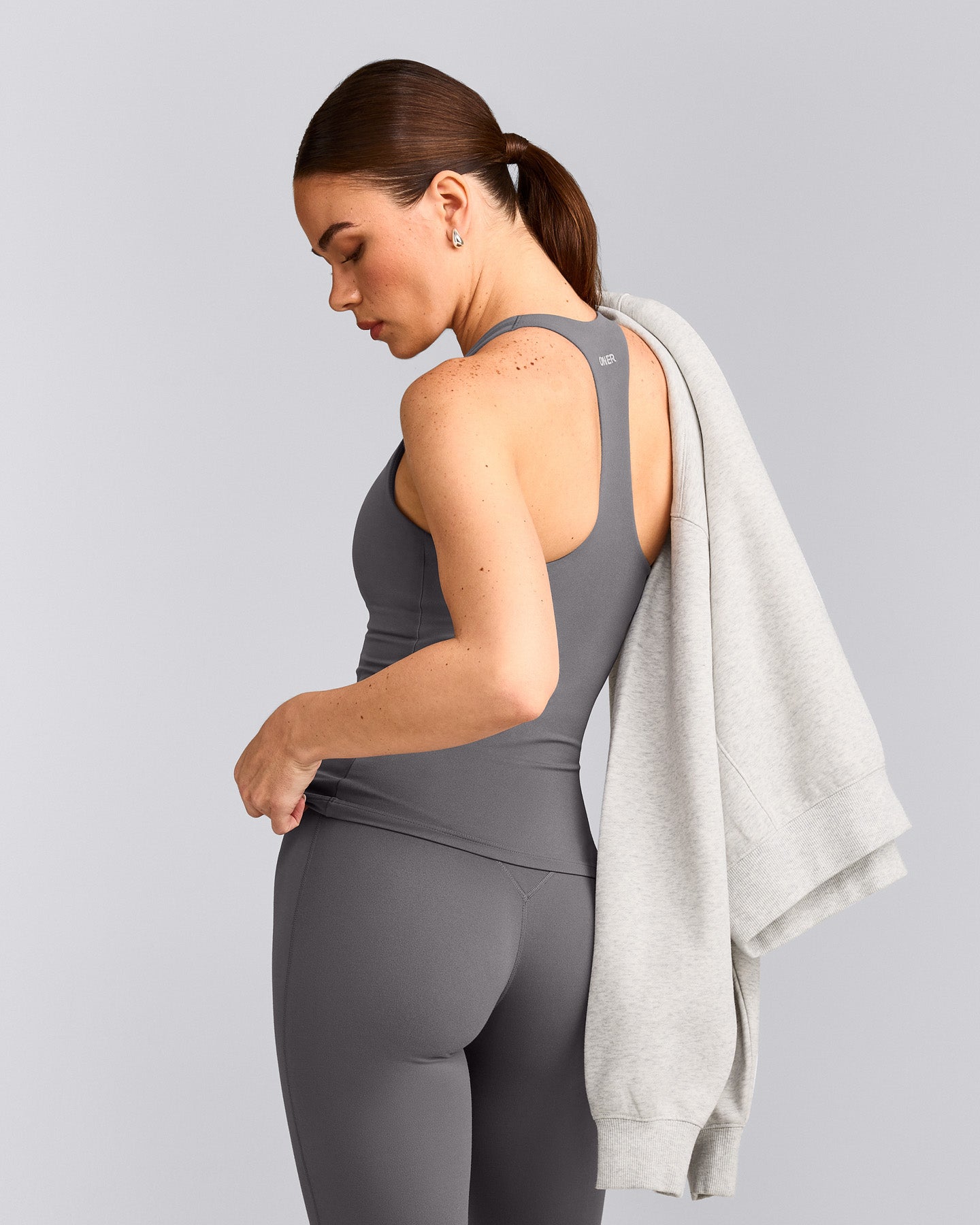 SoftMotion™ Racer Back Tank Top with Built in Bra Shelf with Gray Logo | Ash Gray