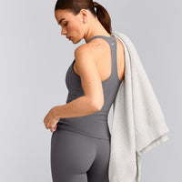 SoftMotion™ Racer Back Tank Top with Built in Bra Shelf with Gray Logo | Ash Gray