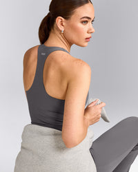 SoftMotion™ Racer Back Tank Top with Built in Bra Shelf with Gray Logo | Ash Gray