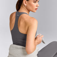 SoftMotion™ Racer Back Tank Top with Built in Bra Shelf with Gray Logo | Ash Gray