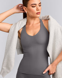 SoftMotion™ Racer Back Tank Top with Built in Bra Shelf with Gray Logo | Ash Gray