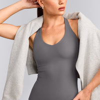 SoftMotion™ Racer Back Tank Top with Built in Bra Shelf with Gray Logo | Ash Gray