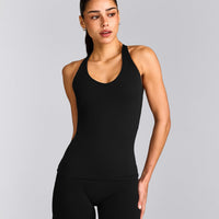 SoftMotion™ Racer Back Tank Top with Built in Bra Shelf with Gray Logo | Black