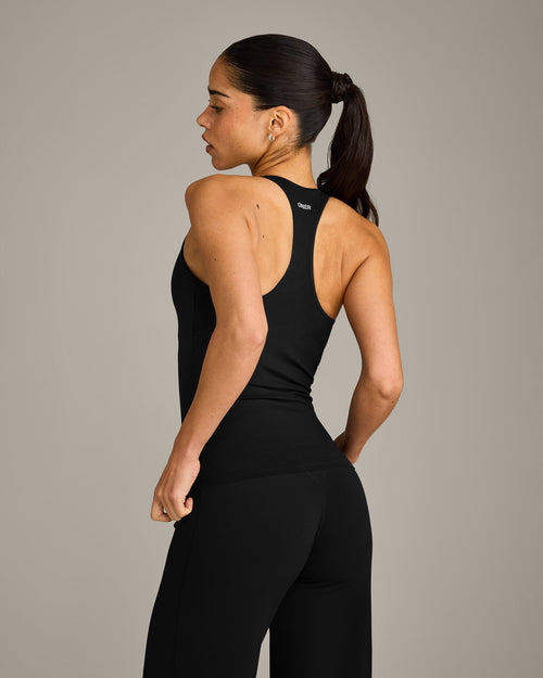 SoftMotion™ Racer Back Tank Top with Built in Bra Shelf with Gray Logo | Black