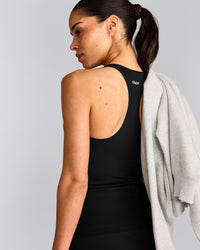 SoftMotion™ Racer Back Tank Top with Built in Bra Shelf with Gray Logo | Black
