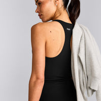 SoftMotion™ Racer Back Tank Top with Built in Bra Shelf with Gray Logo | Black