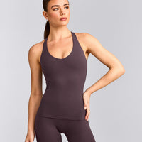 SoftMotion™ Racer Back Tank Top with Built in Bra Shelf with Gray Logo | Dark Umber Brown