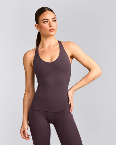 SoftMotion™ Racer Back Tank Top with Built in Bra Shelf with Gray Logo | Dark Umber Brown