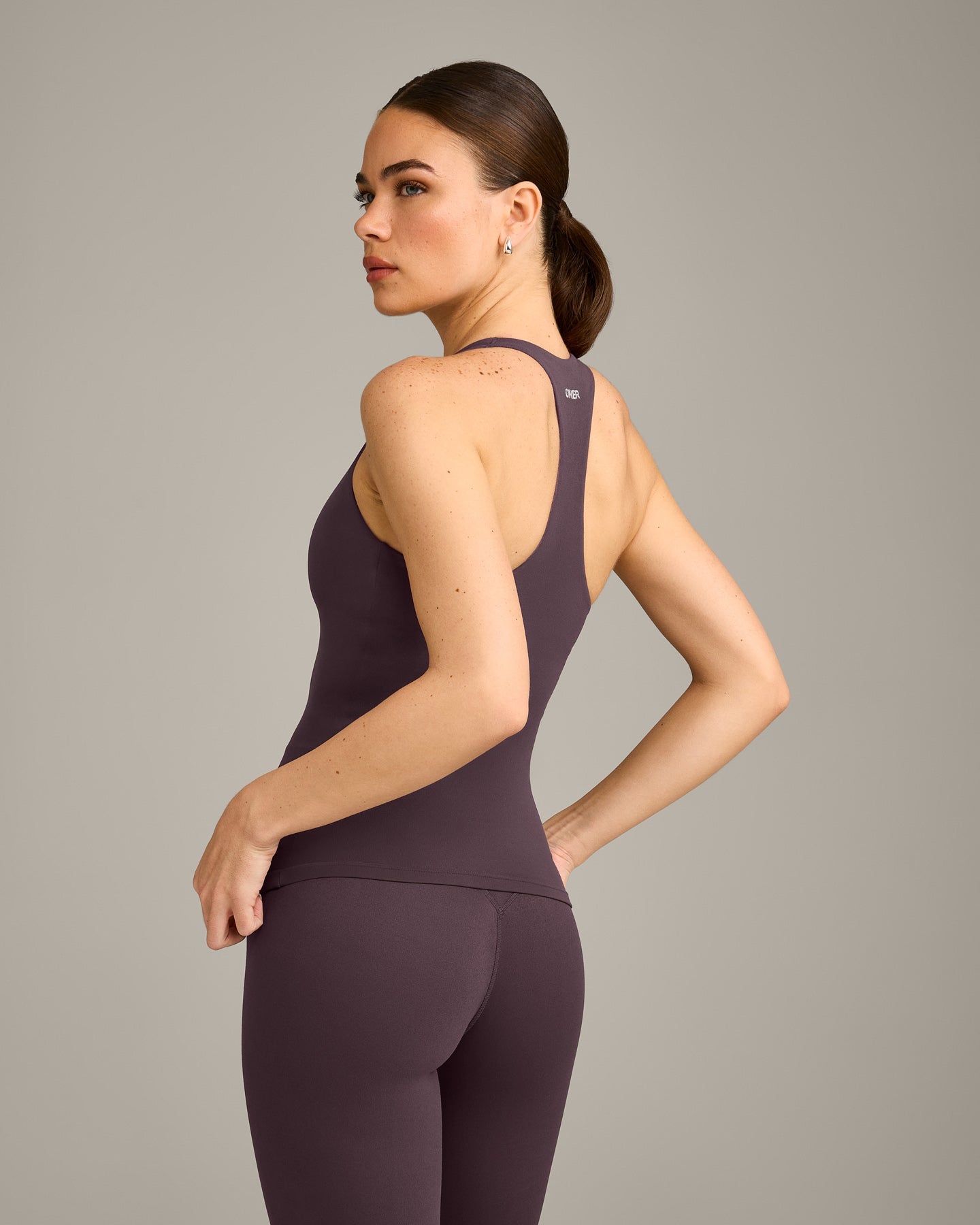 SoftMotion™ Racer Back Vest with Built in Bra Shelf with Gray Logo | Dark Umber Brown