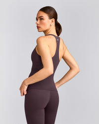 SoftMotion™ Racer Back Tank Top with Built in Bra Shelf with Gray Logo | Dark Umber Brown