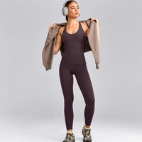 SoftMotion™ Racer Back Tank Top with Built in Bra Shelf with Gray Logo | Dark Umber Brown