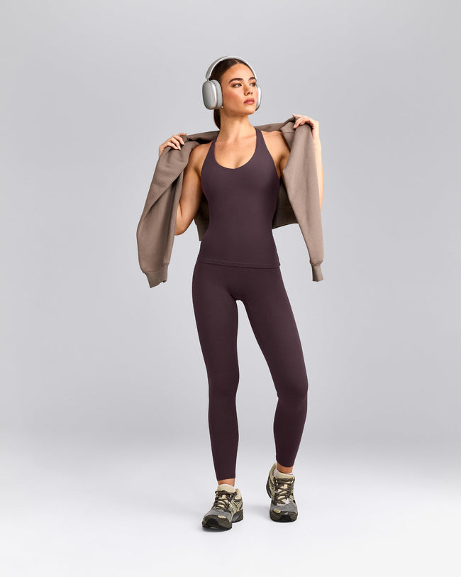 SoftMotion™ Racer Back Tank Top with Built in Bra Shelf with Gray Logo | Dark Umber Brown