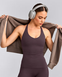 SoftMotion™ Racer Back Tank Top with Built in Bra Shelf with Gray Logo | Dark Umber Brown