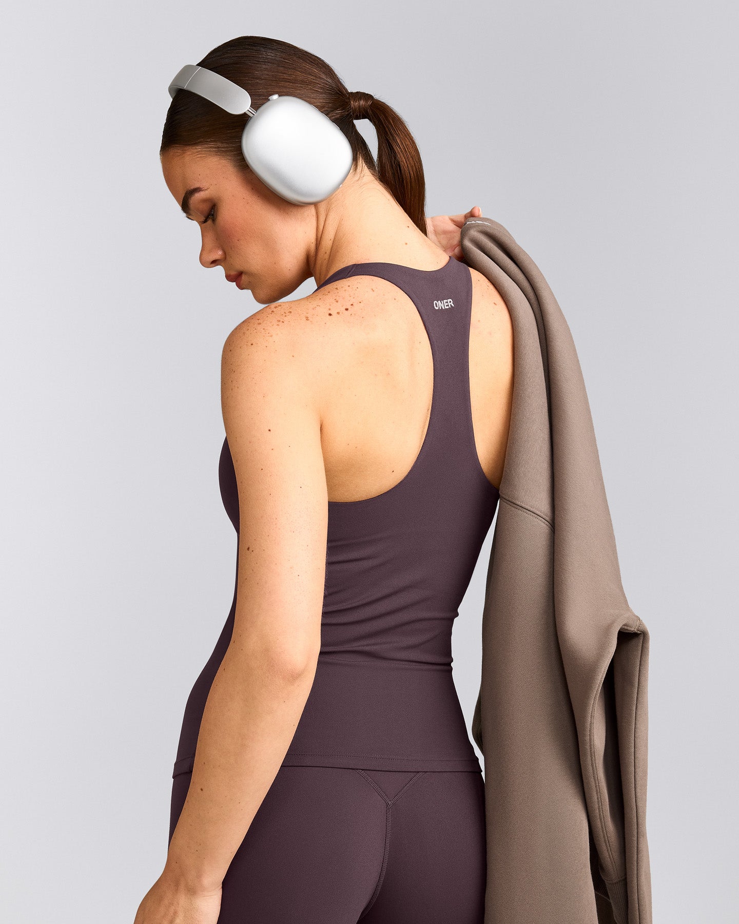 SoftMotion™ Racer Back Tank Top with Built in Bra Shelf with Gray Logo | Dark Umber Brown