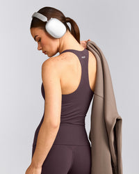 SoftMotion™ Racer Back Tank Top with Built in Bra Shelf with Gray Logo | Dark Umber Brown