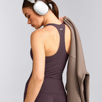 SoftMotion™ Racer Back Tank Top with Built in Bra Shelf with Gray Logo | Dark Umber Brown