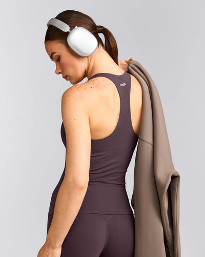SoftMotion™ Racer Back Tank Top with Built in Bra Shelf with Gray Logo | Dark Umber Brown