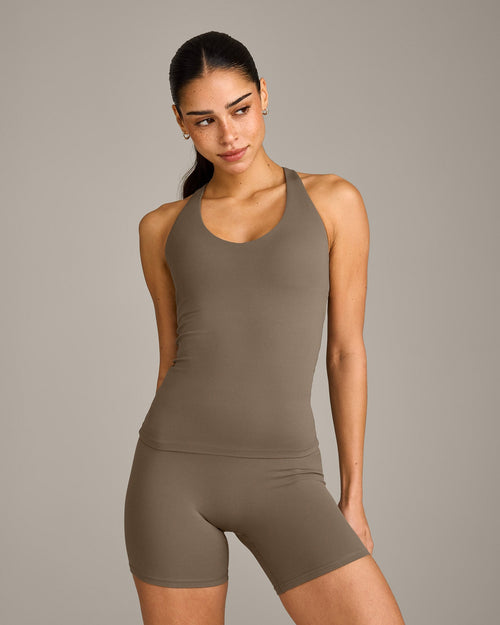 SoftMotion™ Racer Back Tank Top with Built in Bra Shelf with Gray Logo | Moss Brown