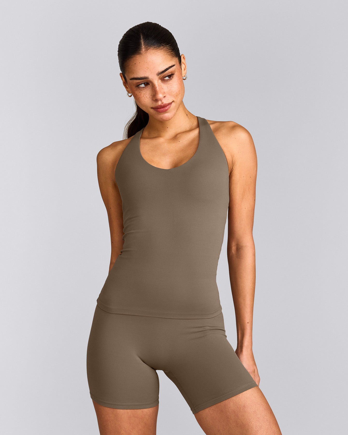 SoftMotion™ Racer Back Tank Top with Built in Bra Shelf with Gray Logo | Moss Brown