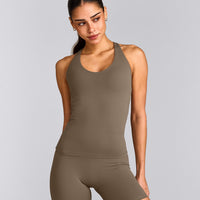 SoftMotion™ Racer Back Tank Top with Built in Bra Shelf with Gray Logo | Moss Brown