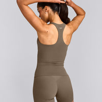 SoftMotion™ Racer Back Tank Top with Built in Bra Shelf with Gray Logo | Moss Brown