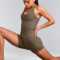 SoftMotion™ Racer Back Tank Top with Built in Bra Shelf with Gray Logo | Moss Brown
