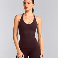 SoftMotion™ Racer Back Tank Top with Built in Bra Shelf with Gray Logo | Plum Brown