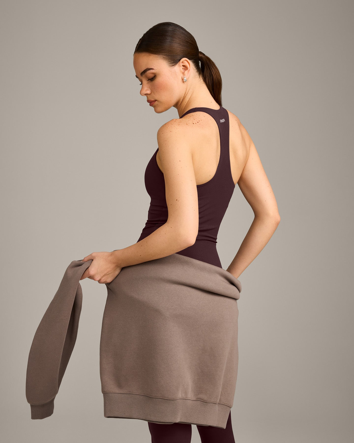 SoftMotion™ Racer Back Vest with Built in Bra Shelf with Gray Logo | Plum Brown