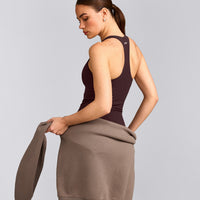 SoftMotion™ Racer Back Tank Top with Built in Bra Shelf with Gray Logo | Plum Brown