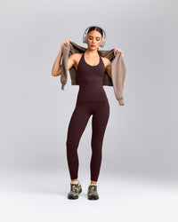 SoftMotion™ Racer Back Tank Top with Built in Bra Shelf with Gray Logo | Plum Brown