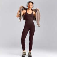 SoftMotion™ Racer Back Tank Top with Built in Bra Shelf with Gray Logo | Plum Brown