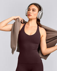 SoftMotion™ Racer Back Tank Top with Built in Bra Shelf with Gray Logo | Plum Brown