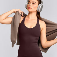 SoftMotion™ Racer Back Tank Top with Built in Bra Shelf with Gray Logo | Plum Brown