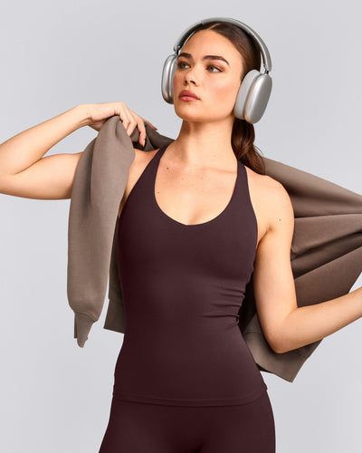 SoftMotion™ Racer Back Tank Top with Built in Bra Shelf with Gray Logo | Plum Brown