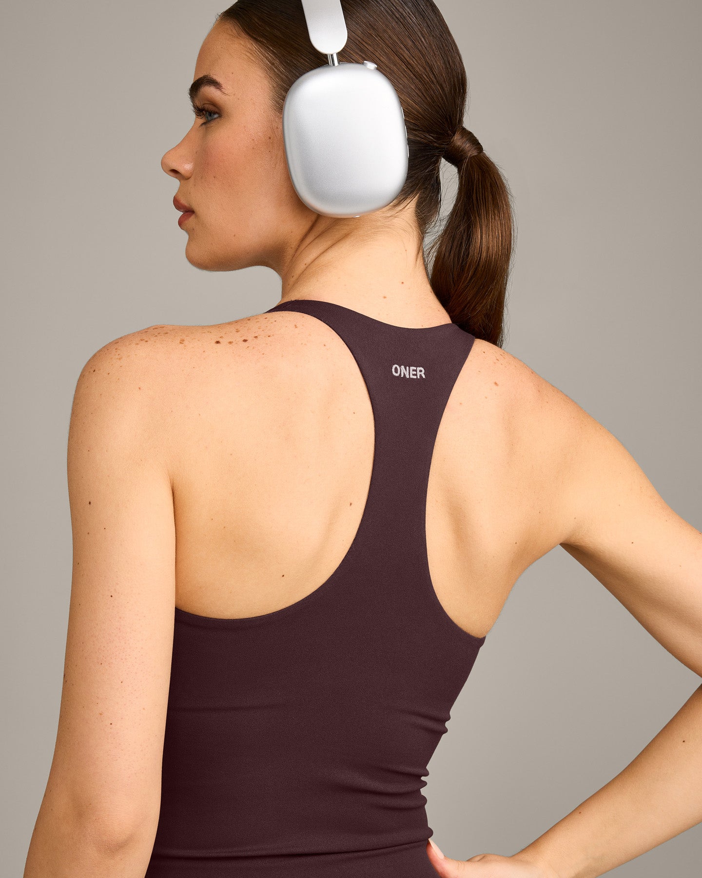 SoftMotion™ Racer Back Vest with Built in Bra Shelf with Gray Logo | Plum Brown