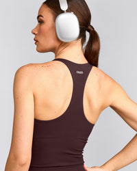 SoftMotion™ Racer Back Tank Top with Built in Bra Shelf with Gray Logo | Plum Brown