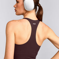 SoftMotion™ Racer Back Tank Top with Built in Bra Shelf with Gray Logo | Plum Brown