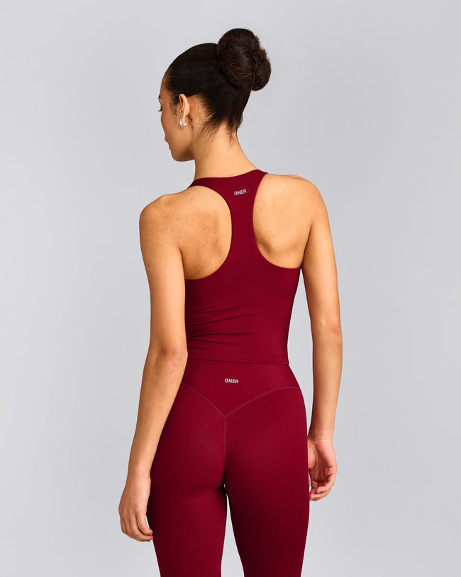 SoftMotion™ Racer Back Mid Tank Top with Built in Bra Shelf with Gray Logo | Ruby Red