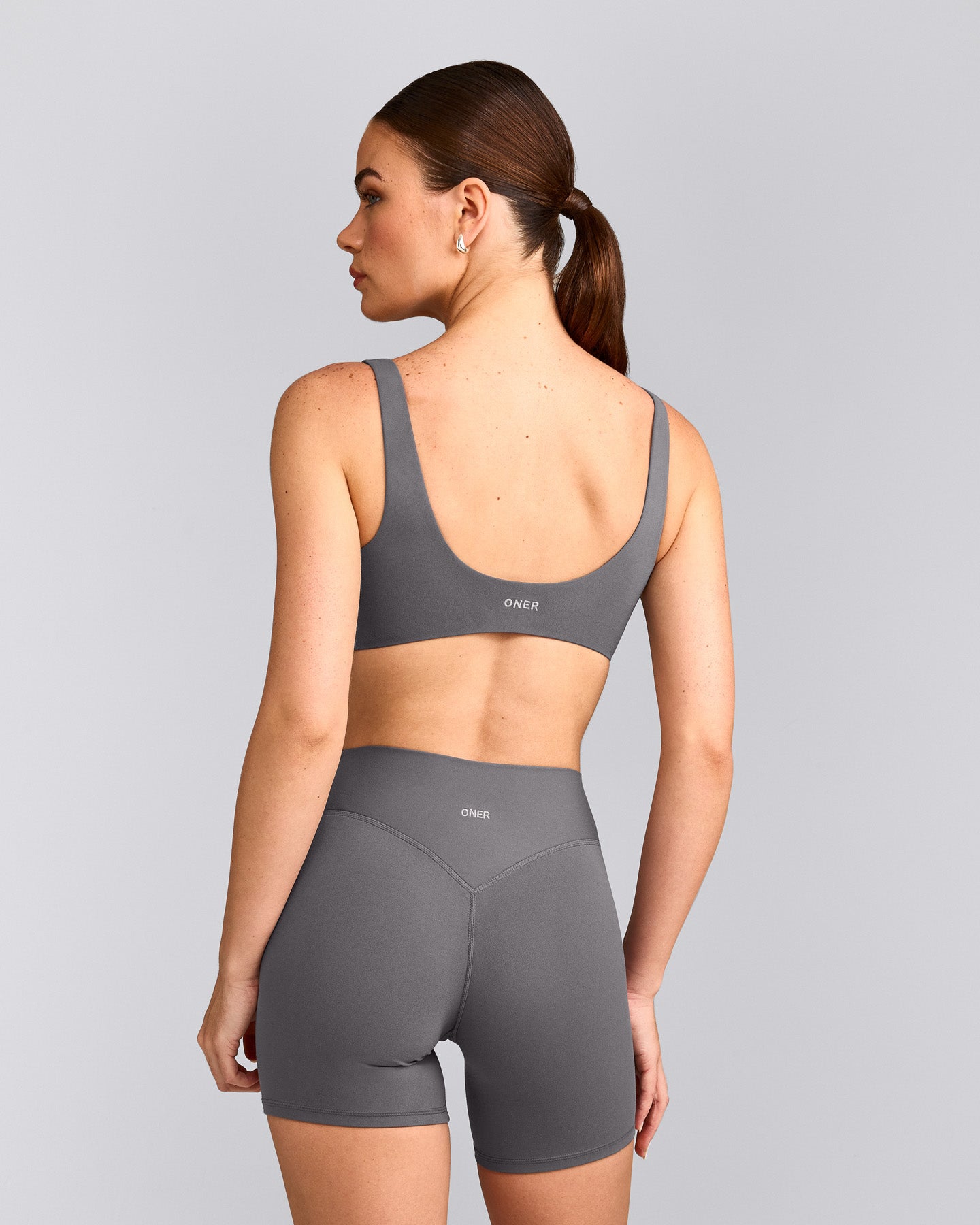 SoftMotion™ Scoop Back Bralette with Gray Logo | Ash Gray